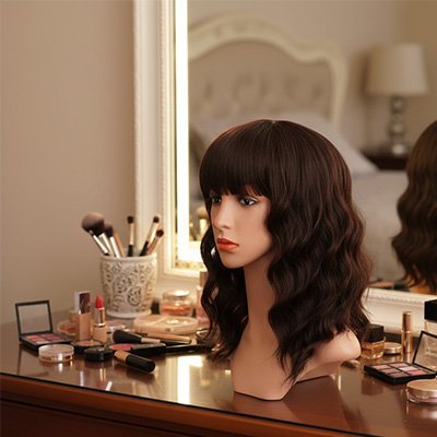 Perruque femme brune sur  presentoire